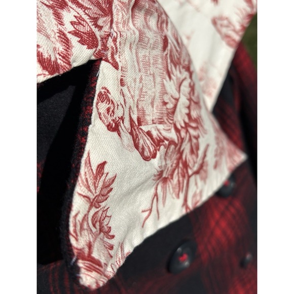 Vintage Wool Blend Plaid Pea Coat Sz Medium Double Breasted Red Black Upcycled - Picture 4 of 14